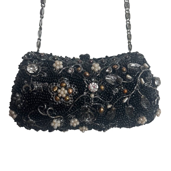 Mary Frances Black Beaded Pearl Rhinestone Silver Evening Shoulder Bag EC - Picture 3 of 16